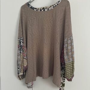 Umgee Boho Patchwork Long Sleeve Top Taupe Mixed Print Flowy Blouse Large